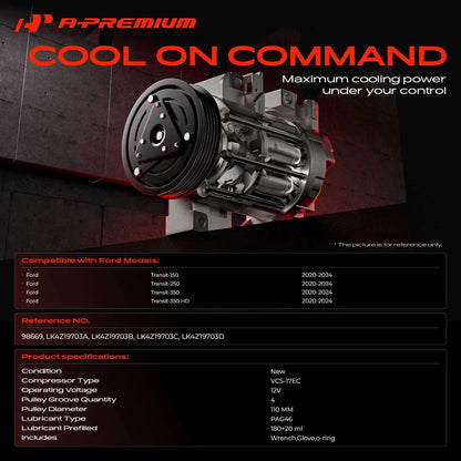A/C Compressor with Clutch for Ford Transit-150 Transit-250 (2020–2024) LK4Z19703A LK4Z19703B LK4Z19703C LK4Z19703D 98669