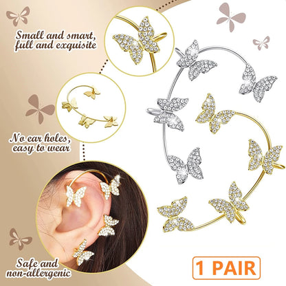 1 Pair Butterfly Ear Clip Earrings for Women - Silver Zircon Cuff Wrap