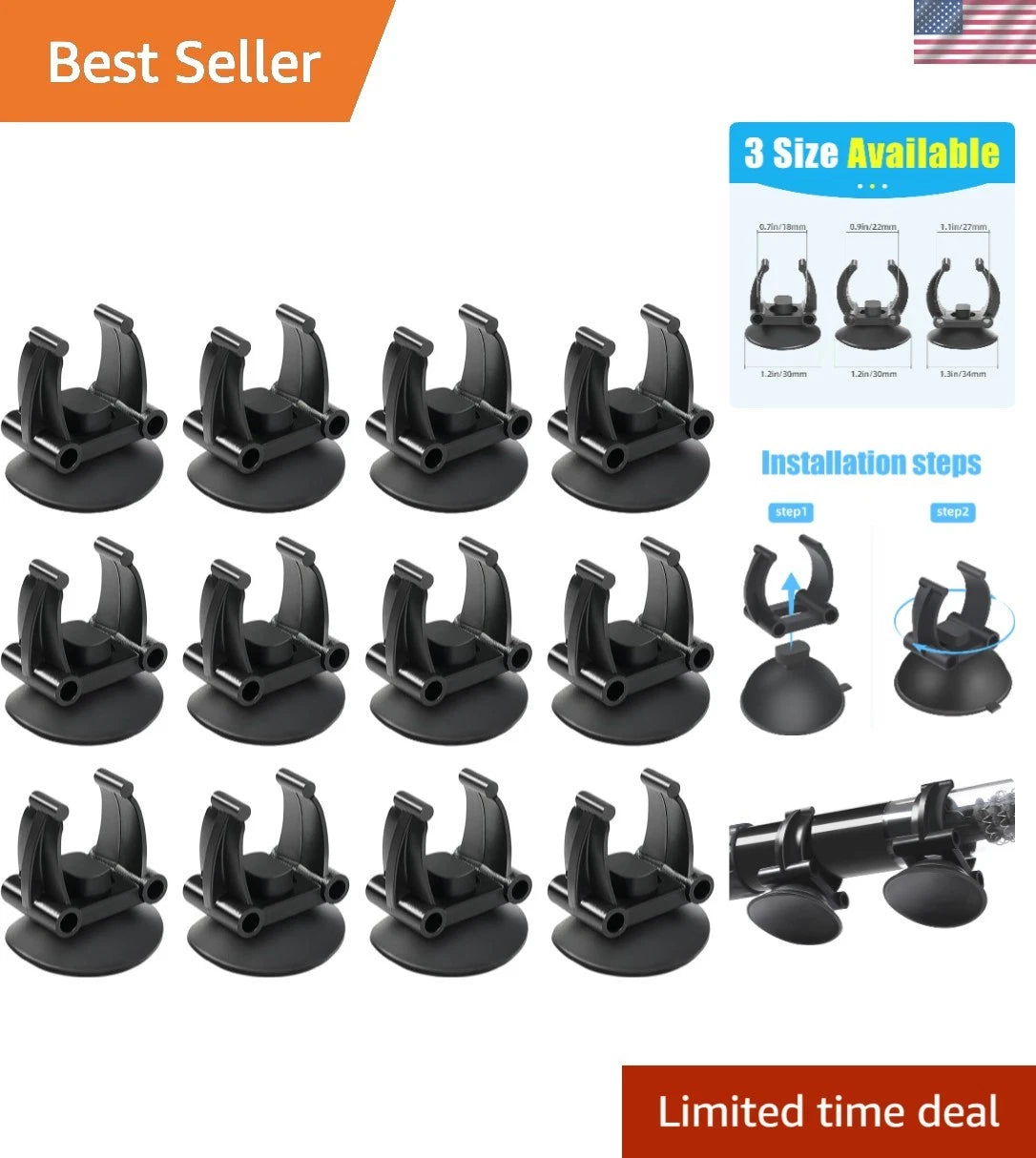 12 Pack Adjustable Suction Cups & Clips for Aquarium Heater & Light Support