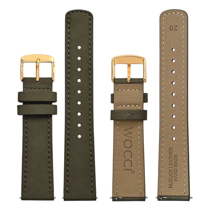 18mm Retro Leather Watch Band for Men - Army Green (Gold Buckle)
