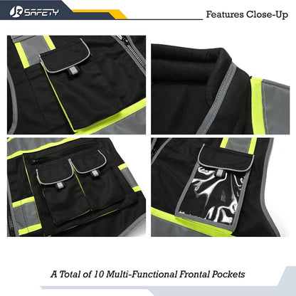 10 Pockets Hi-Vis Zipper Front Safety Vest for Large Size (Black)