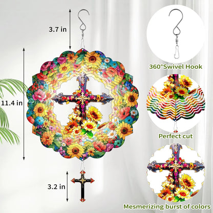 Cross Wind Spinners for Outdoor Hanging (12 Inch 3D Cross & Sunflower)