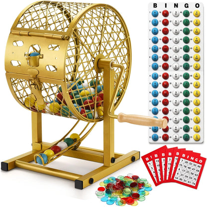 Set of 4 Bingo Game Sets with Steel Cage, 12.6" Tall, Gold