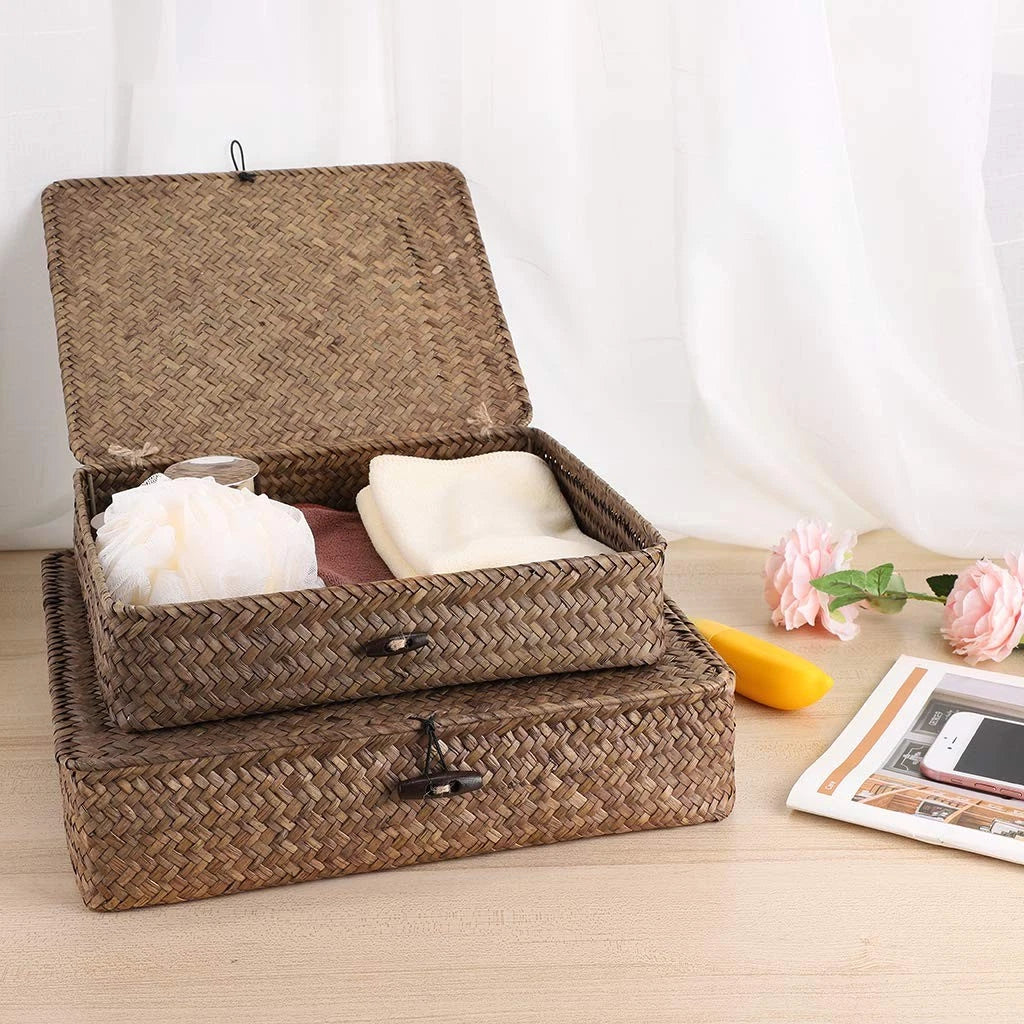 Set of 2 Flat Woven Wicker Storage Bins with Lid - Small & Large, Coffee