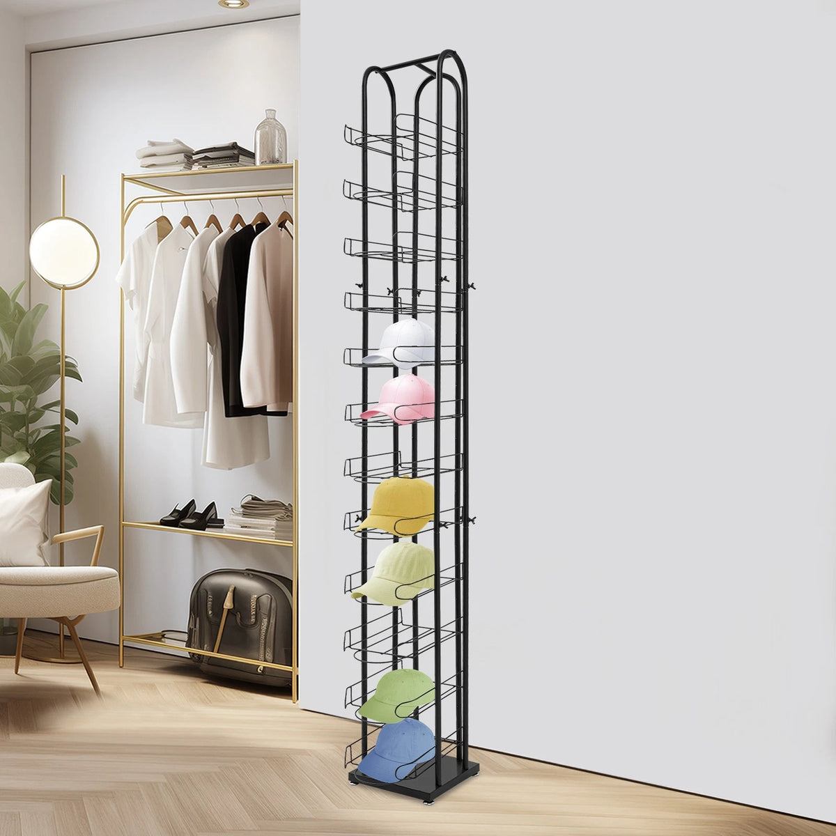 12 Tiers Hat Display Rack for Free Standing Metal Floor Caps Headwear Stand