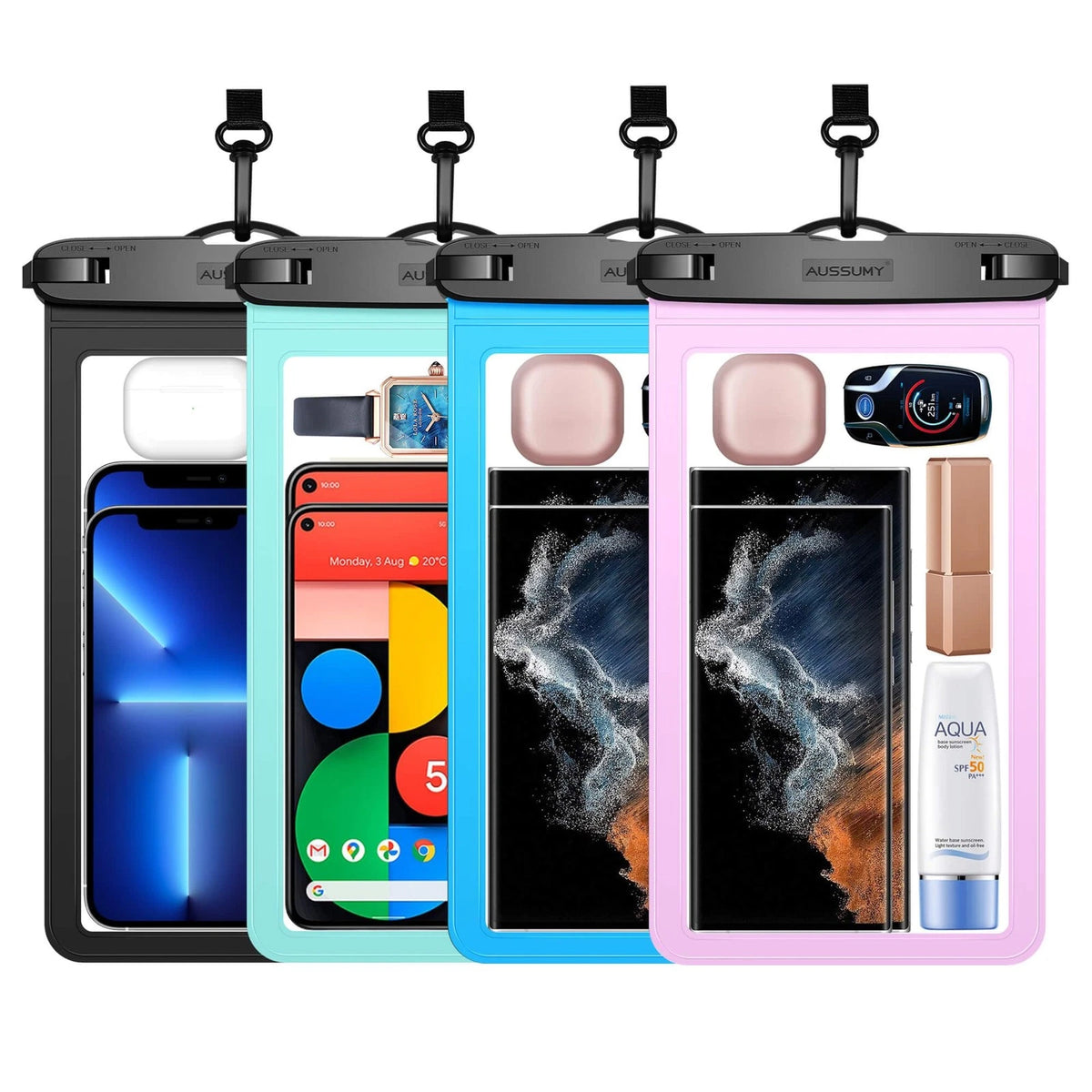 4 Pack Waterproof Phone Pouch for Universal Use (10.5") - Black, Blue, Green, Pink