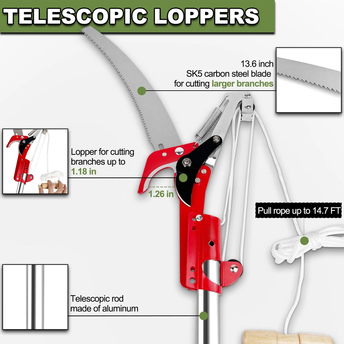 13ft Pole Saw for Tree Trimming (Lightweight Stainless)