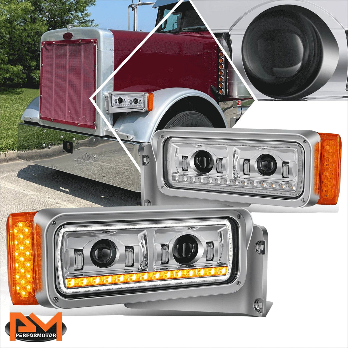 LED Sequential Signal Projector Headlight Chrome for Peterbilt 359 379 389 (1981–2021)