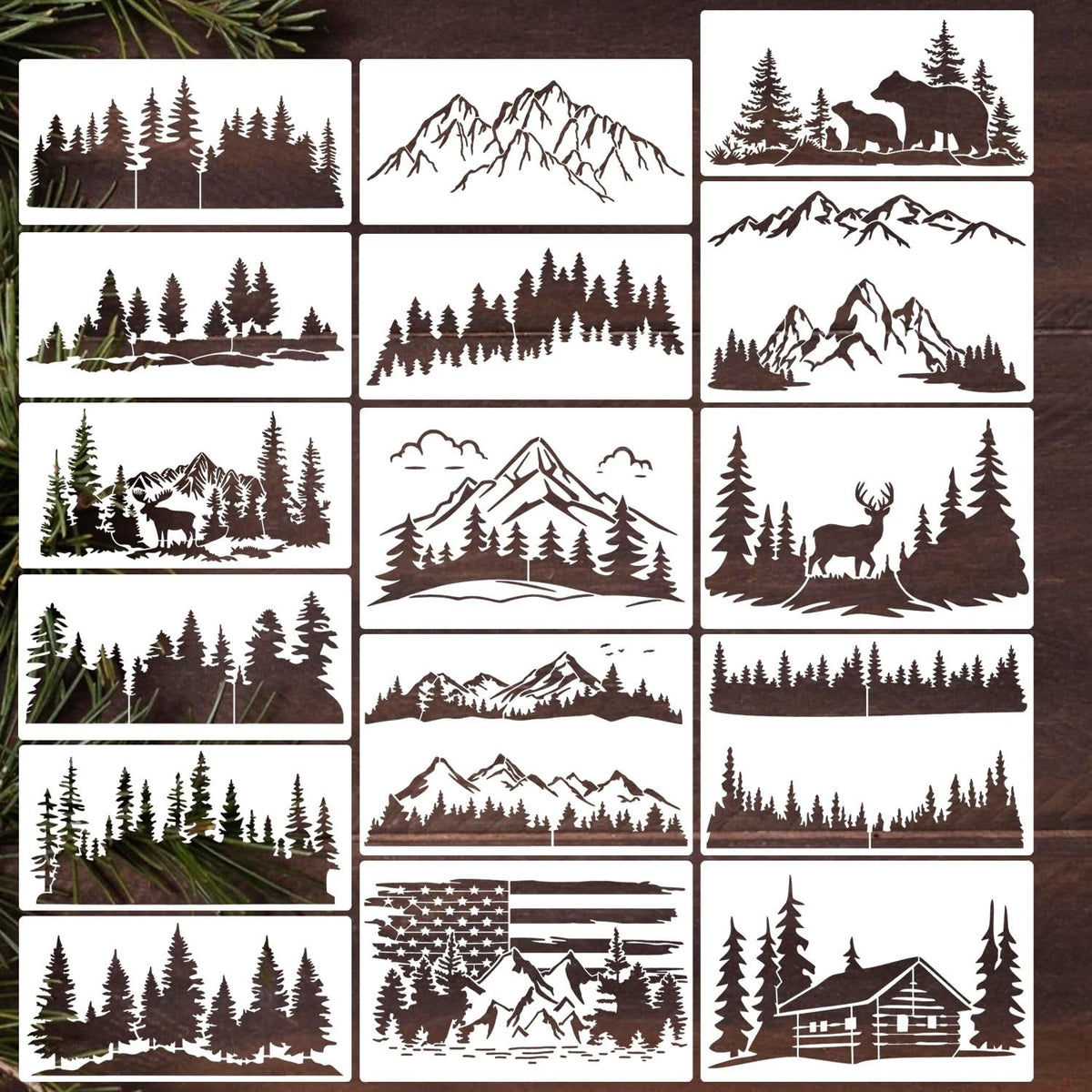 Pine Tree & Mountain Animal Stencils for Wood Burning, Painting & Decorating