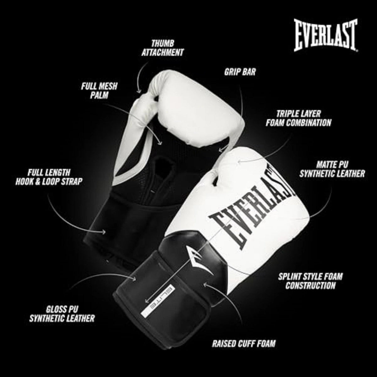 2X Boxing Gloves for Everlast Elite (Pro Training & Heavy Bag) 12oz, White/Black