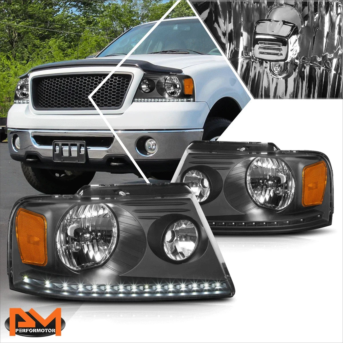 LED DRL Strip Headlight for Ford F150 (2004–2008) Black Housing Amber Corner