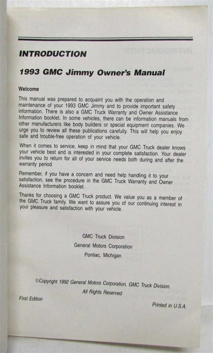 Owners Manual for GMC Truck Jimmy (1993)