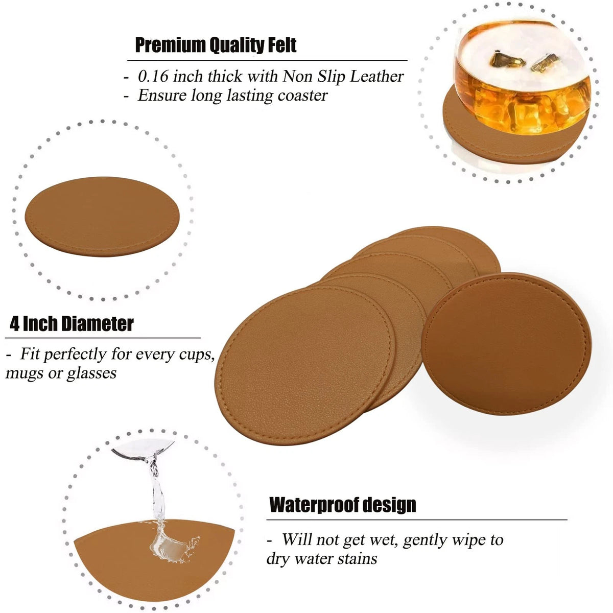 Set of 6 Soft Leather Round Drink Coasters for Home Use