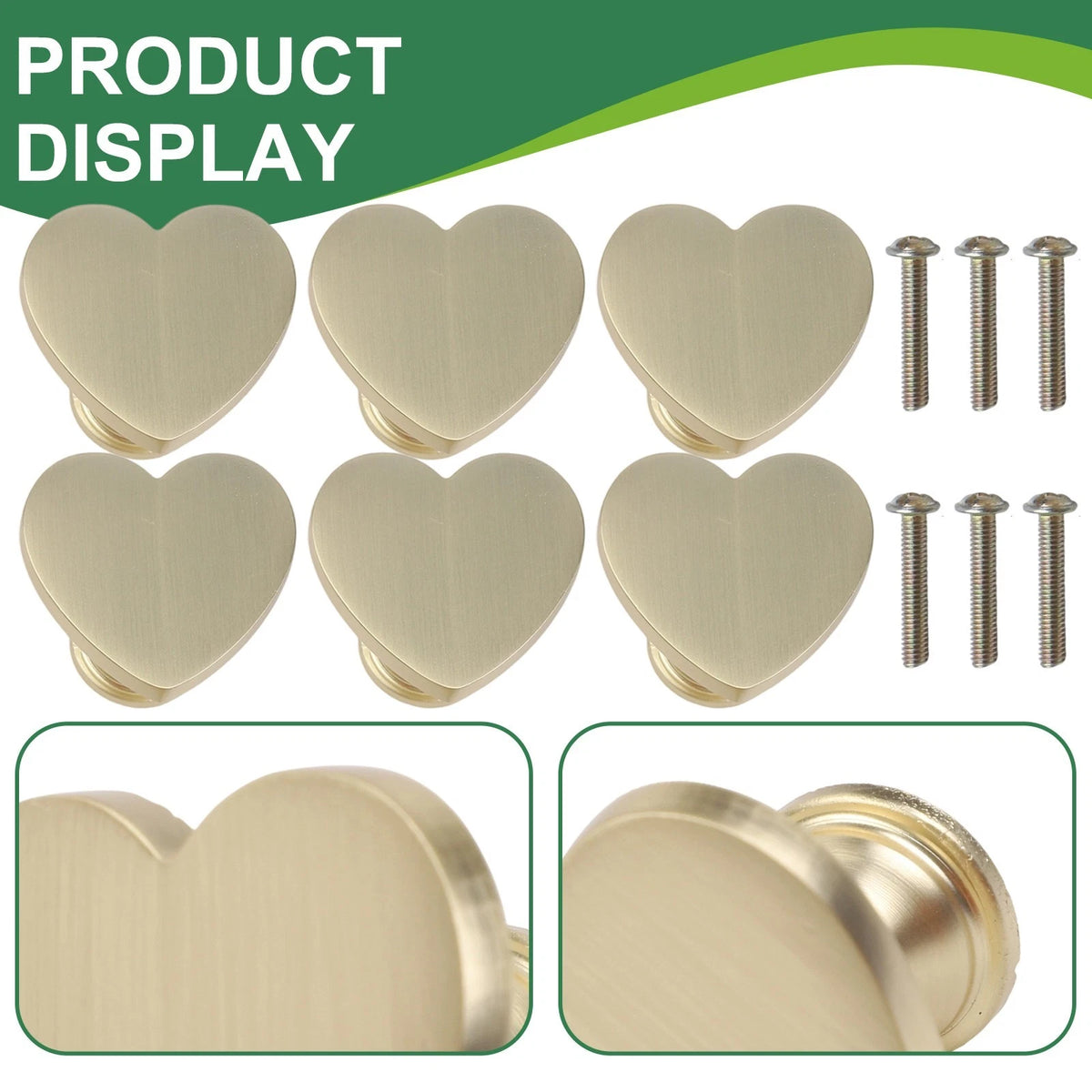Set of 6 Gold Finish Zinc Alloy Heart Shaped Cabinet Knobs