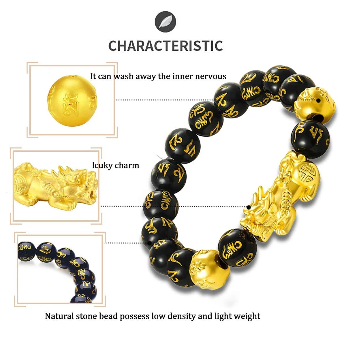 3 Pcs Obsidian Bracelets for Men Women - Feng Shui Good Luck 7 Inch
