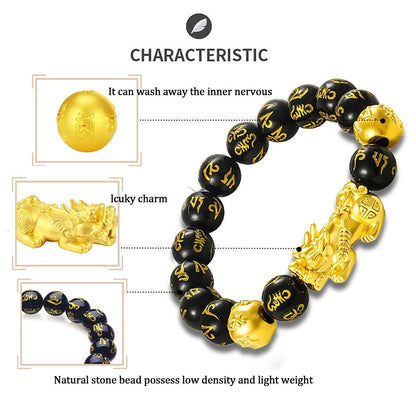 3 Pcs Obsidian Bracelets for Men Women - Feng Shui Good Luck 7 Inch