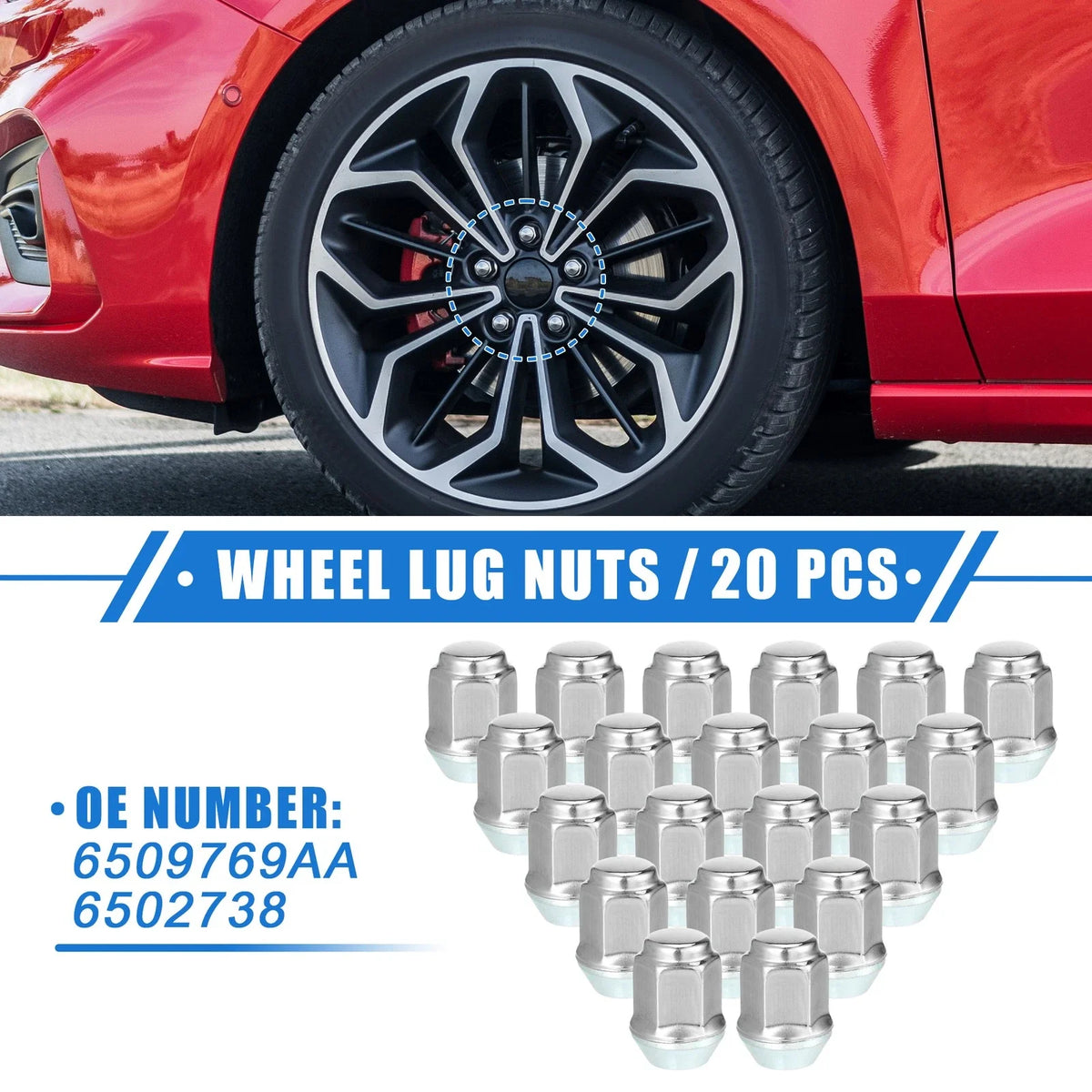 20 Pcs M12x1.5 Wheel Lug Nut for Ford Focus, Dodge Grand Caravan (No. 6509769AA)