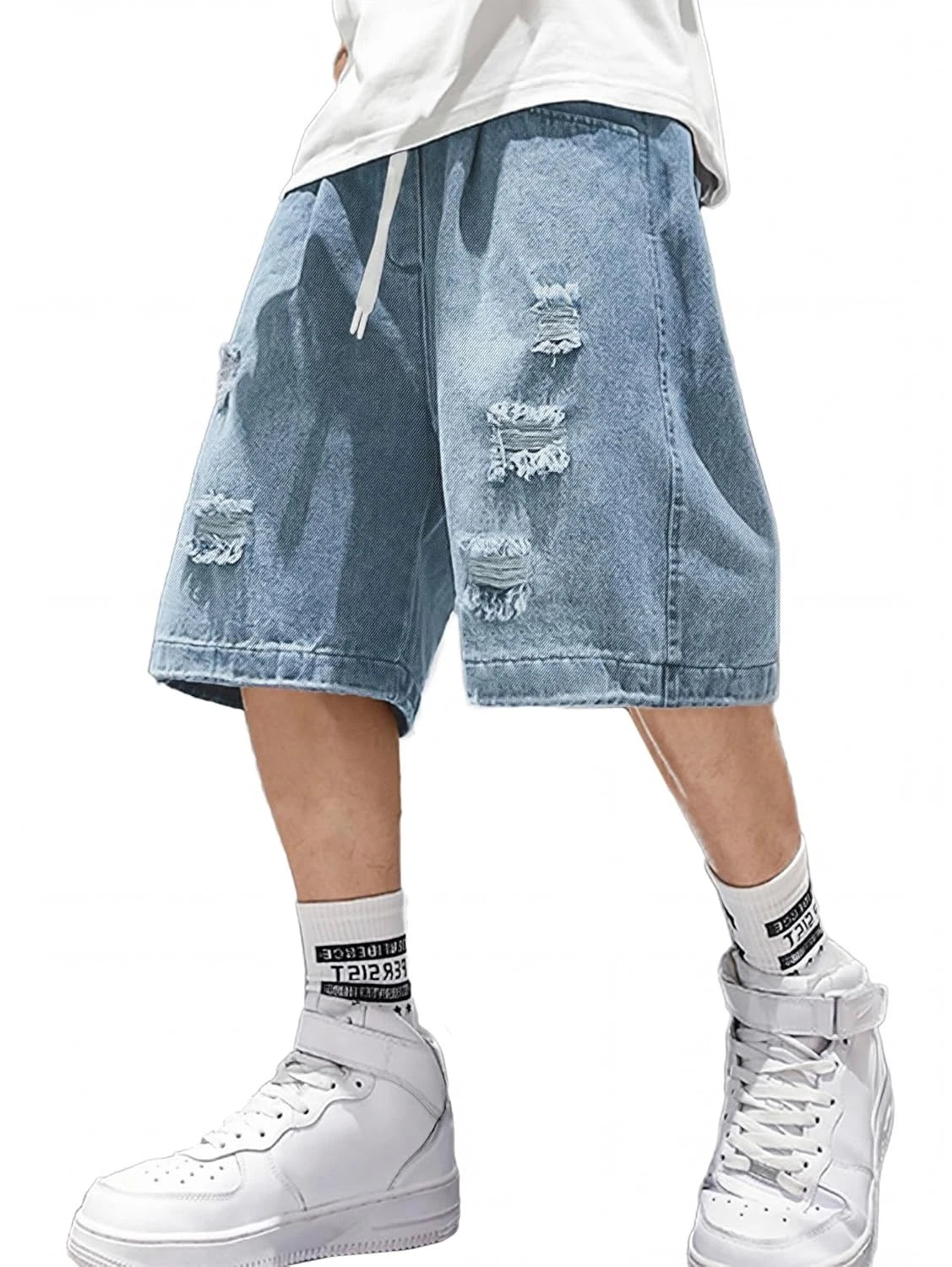 Men's Baggy Denim Shorts Elastic Waist Ripped Cargo Jorts Y2K Style