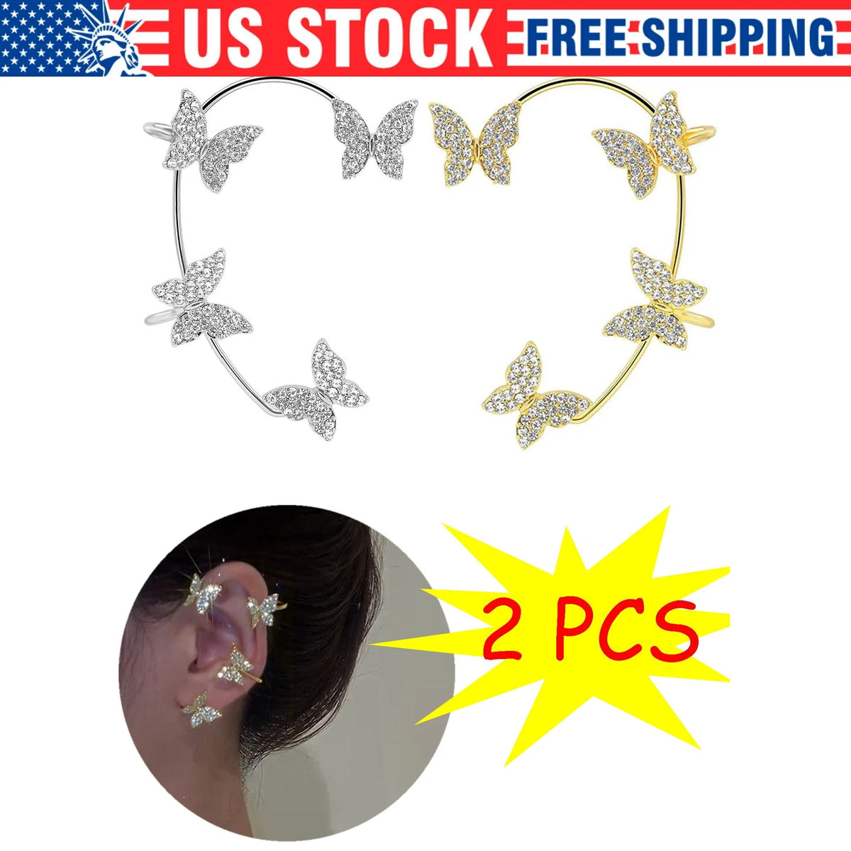 1 Pair Butterfly Ear Clip Earrings for Women - Silver Zircon Cuff Wrap