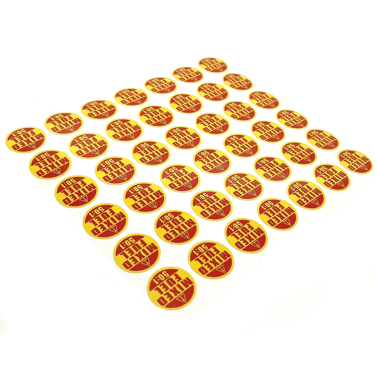 42x 1" Round Mixed Fuel 50:1 Sticker for Chainsaws Hedge Trimmers