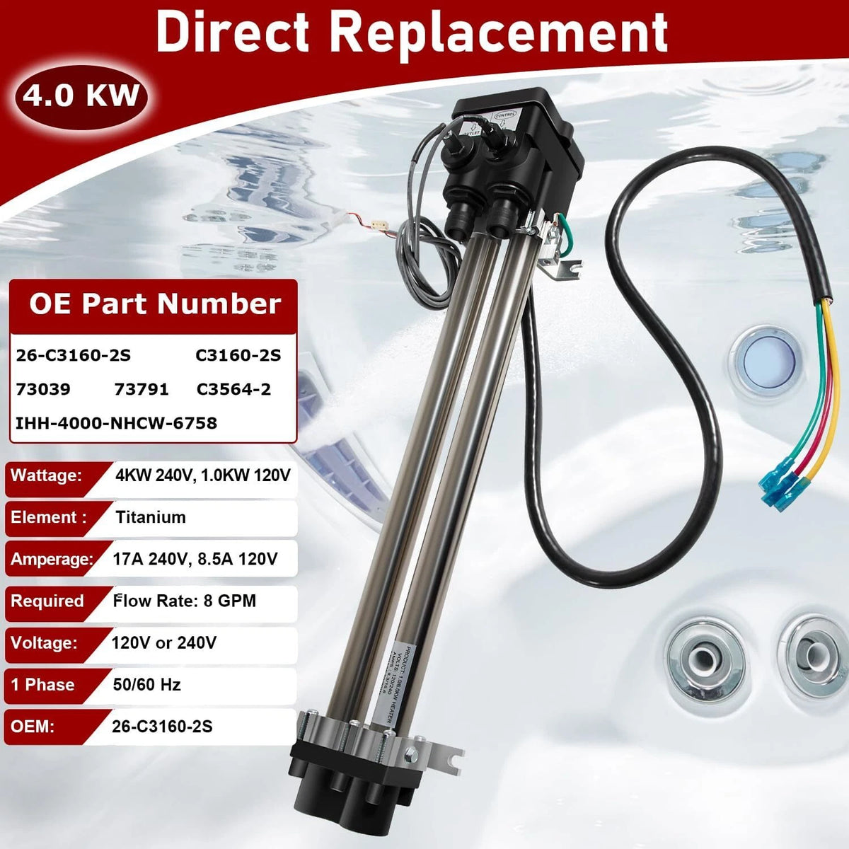 4.0KW Double-Barrel Low-Flow Heater Assembly for Watkins Hot Spring