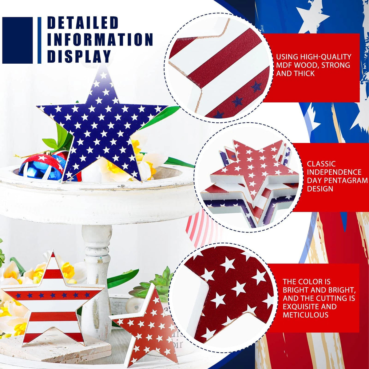 3 Pcs Wooden Stars Decorations for Table (4th of July, Memorial Day)