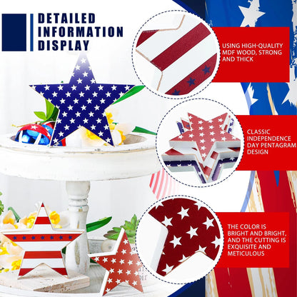 3 Pcs Wooden Stars Decorations for Table (4th of July, Memorial Day)