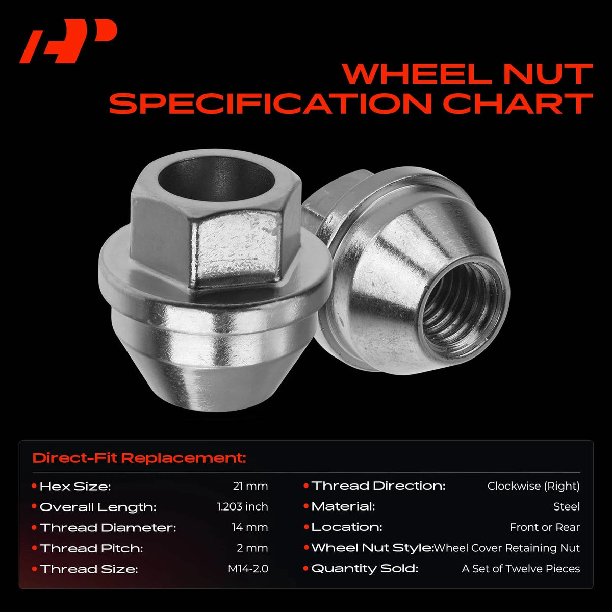 Set of 12 M14-2.0 Wheel Lug Nuts for Ford Expedition F-150 (2000–2023) 611-223, 2L1Z1012AA