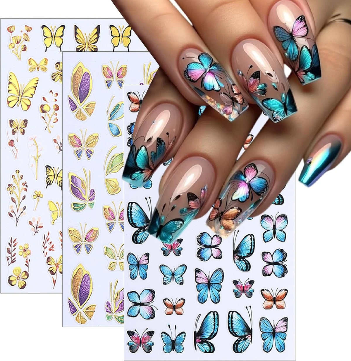 Luxury Glitter Gold Self-Adhesive Nail Art Stickers (Blue Butterfly)