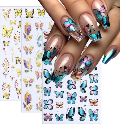 Luxury Glitter Gold Self-Adhesive Nail Art Stickers (Blue Butterfly)