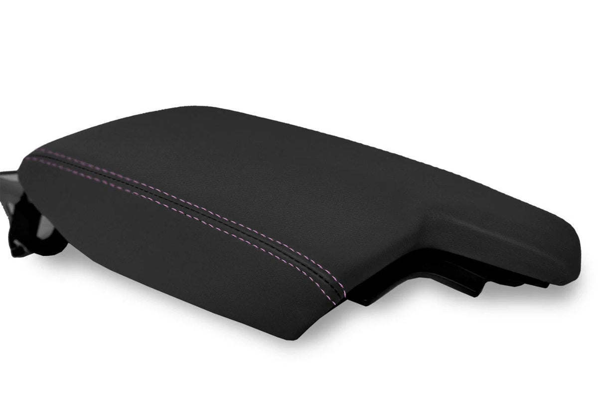 Leather Console Lid Armrest Cover for Subaru Crosstrek (2018–2020) Black Purple Stitch