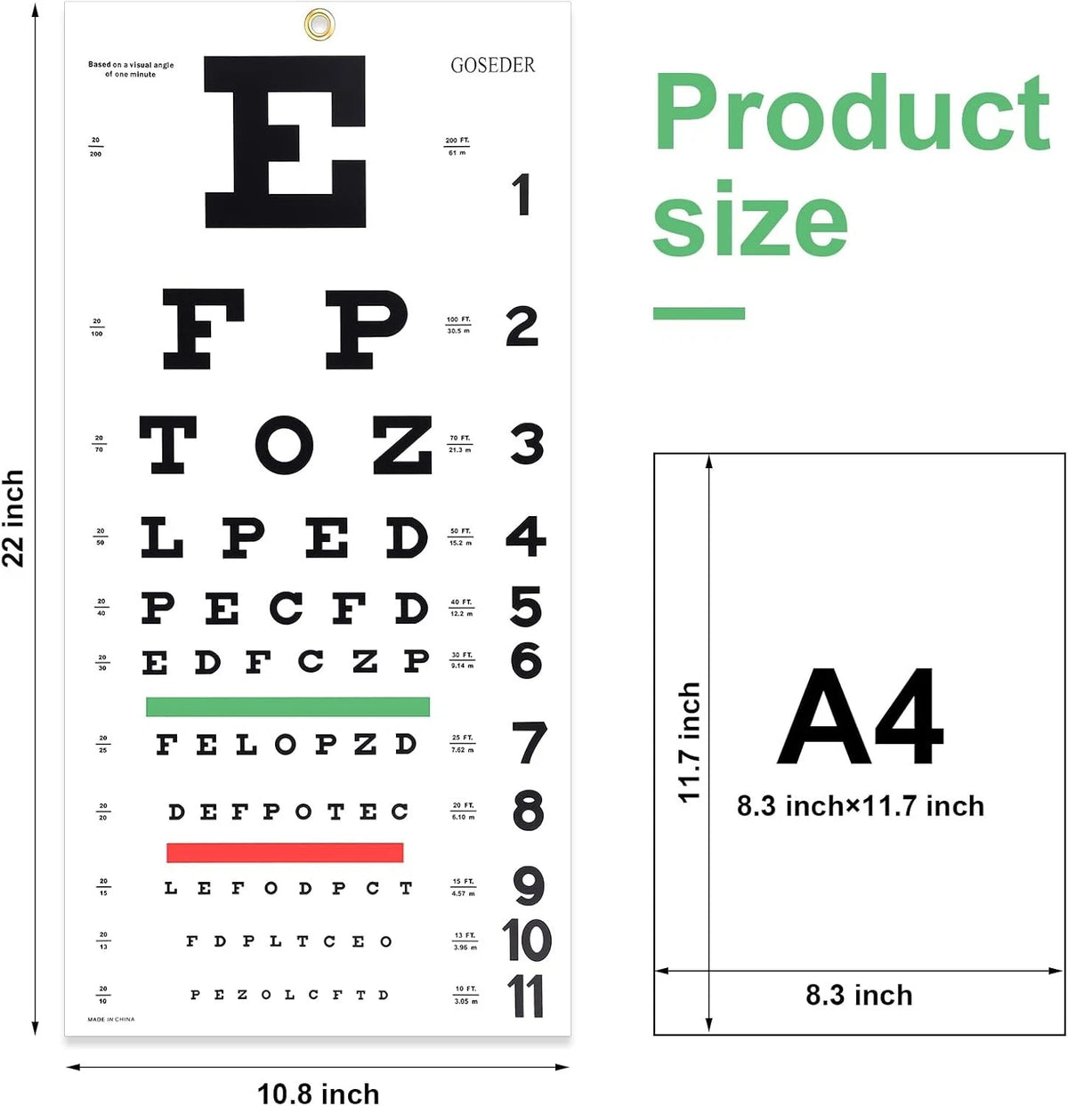 Eye Chart for Exams 20 Feet 22x11 Inches