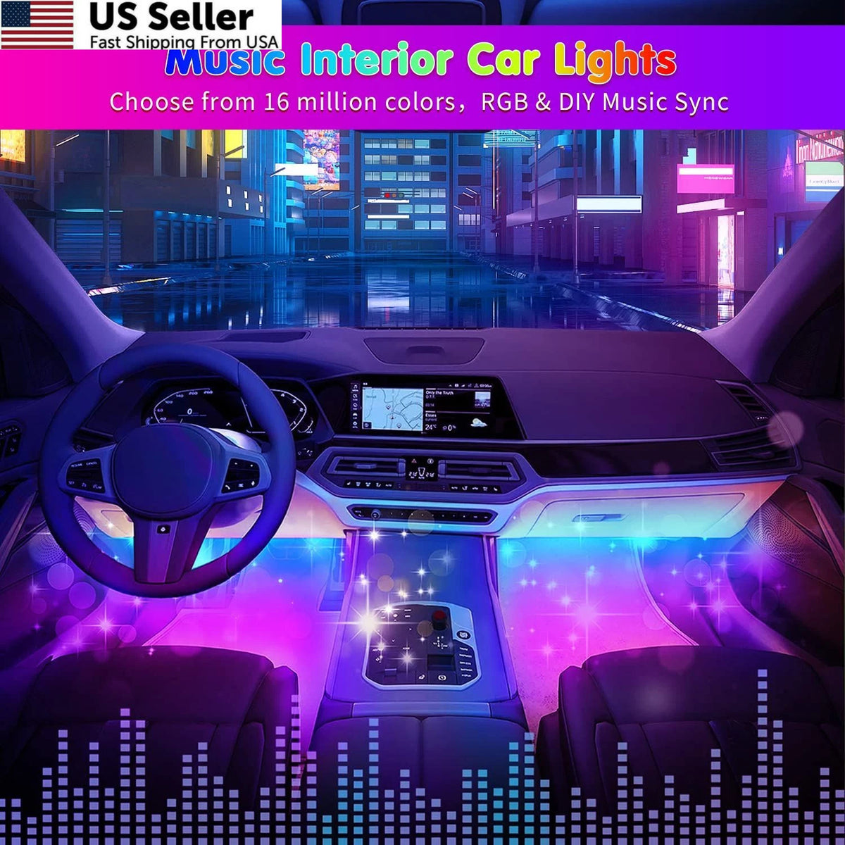 RGB Interior Car Strip Lights for Universal Fit (48SMD, 4 Lines Design)