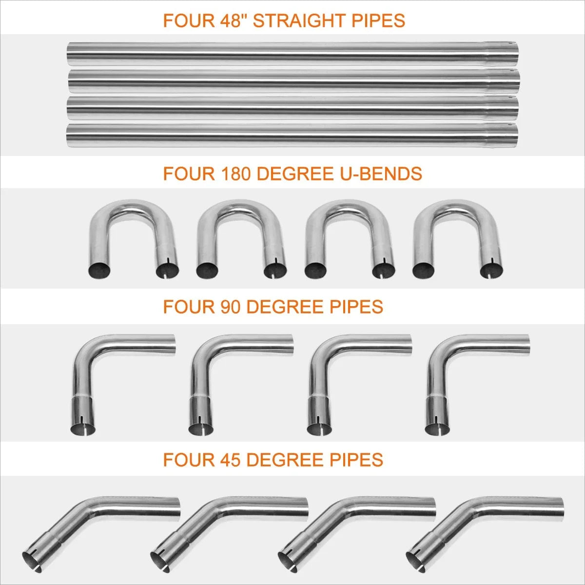 16-Piece 2.5" OD Exhaust Pipe Kit - Stainless Steel Straight, 45°, 90°, U-Bend