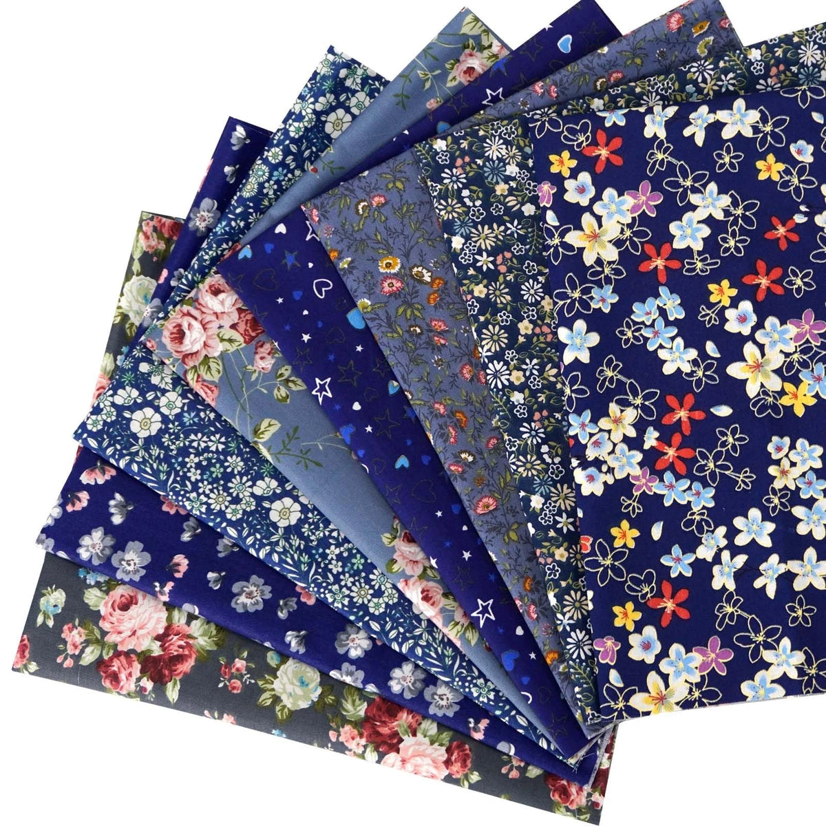 8pcs Cotton Fabric Fat Quarters for Quilting (Daisy Design, Dark Blue)