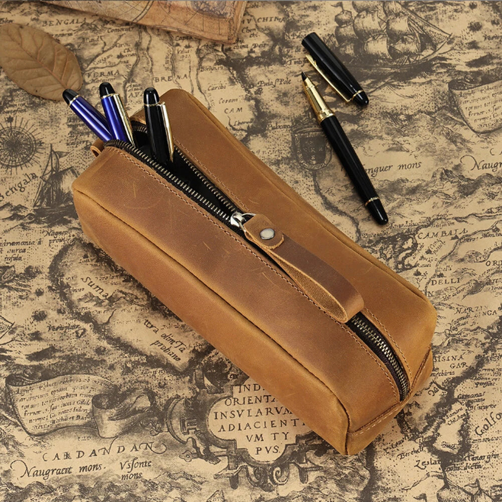 Large Capacity Leather Pencil Case Zip Storage Pouch for Stationery