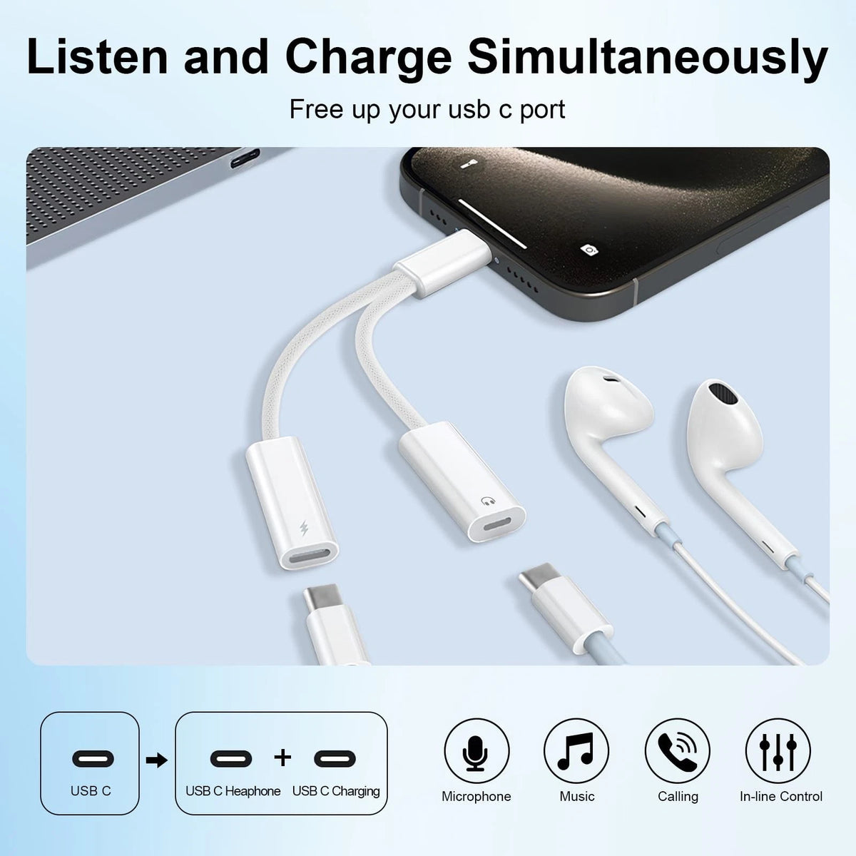 USB C Splitter for Dual Charging and Headphone Output (1 in 2 Out)