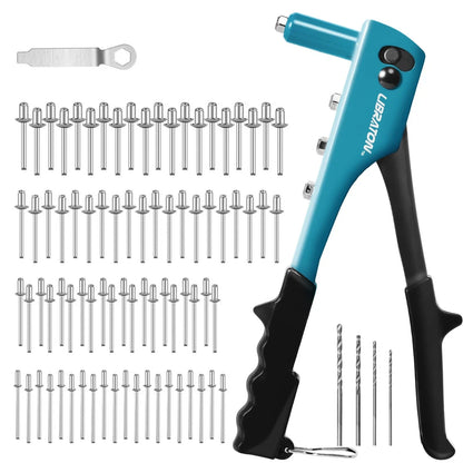Rivet Gun Kit with 80 Metal Rivets & 4 Drill Bits for Heavy Duty Use