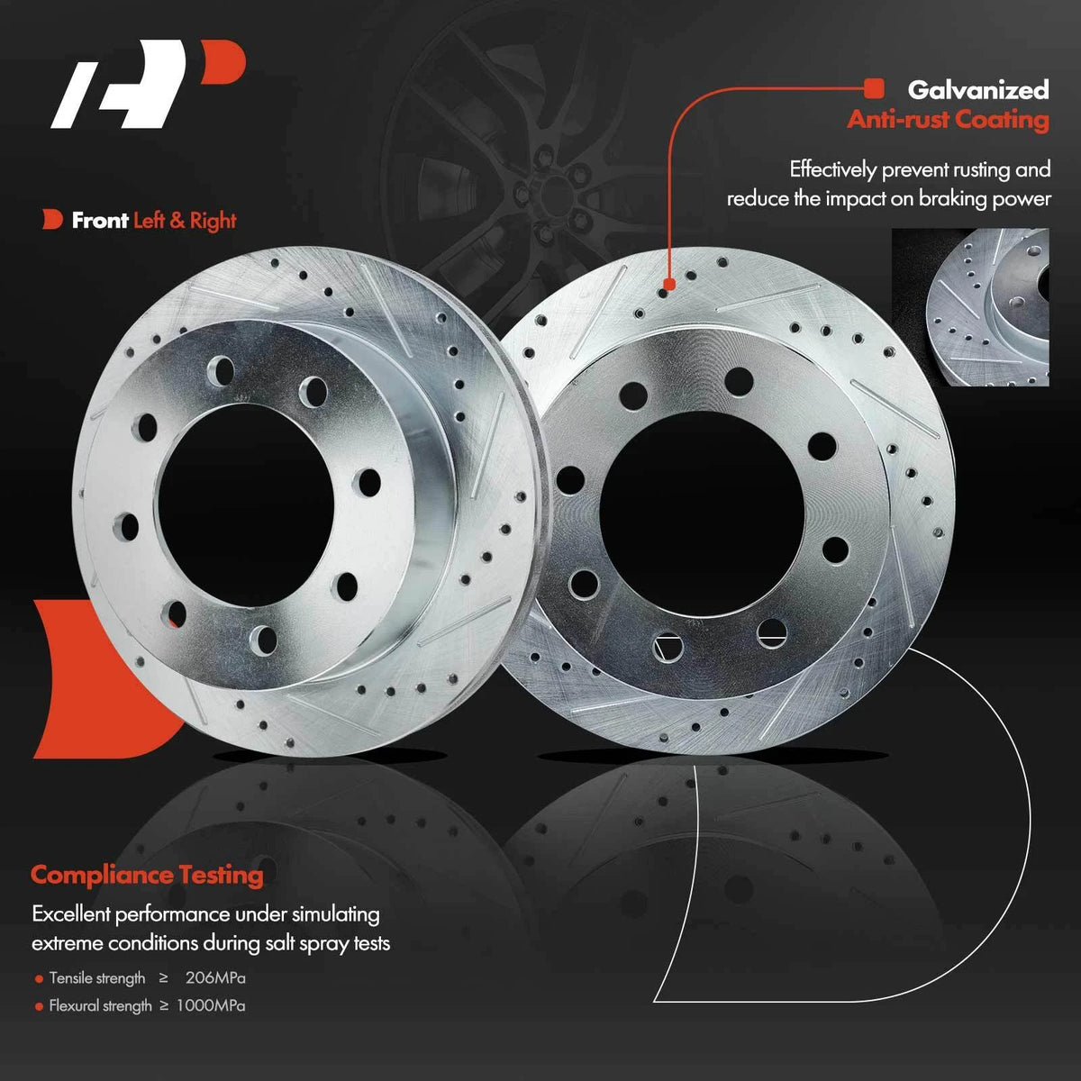 Set of 2 Front Drilled Brake Rotors & Ceramic Pads for Dodge Ram 2500 (2000–2002) - 63140088L, 63140088R, AR8746XPR, S-5393, P-859