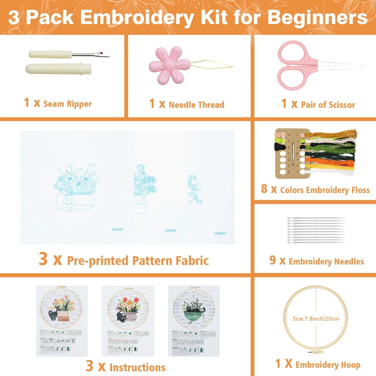 Set of 3 Embroidery Kits for Beginners - Cat, Floral, DIY