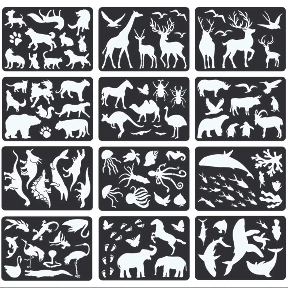 12PCS Animal Plastic Stencils for Journaling Drawing (11.7 x 8.3 inch)