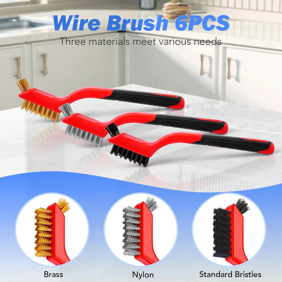 6X Wire Brush Set for Cleaning (Brass/Stainless Steel/Nylon)