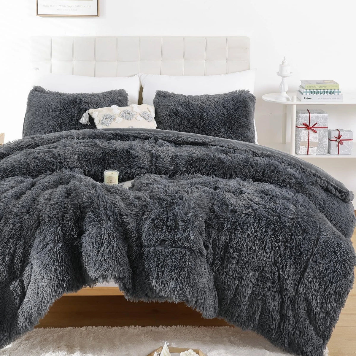 Comforter Set for Queen Size Bed (Faux Fur, Dark Grey)