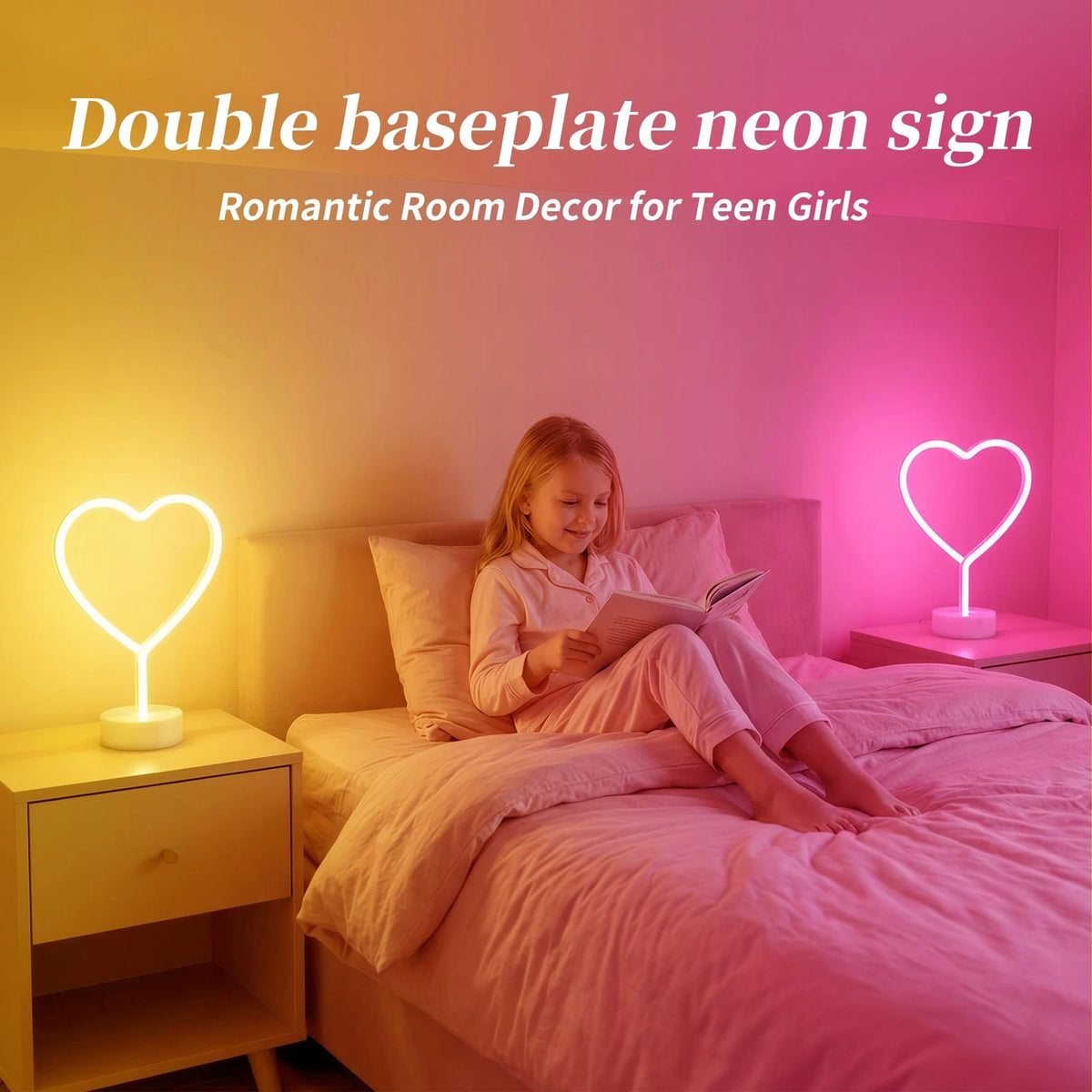 Warm White and Pink Heart Neon Sign for Home Decor (11.6" x 7.7")