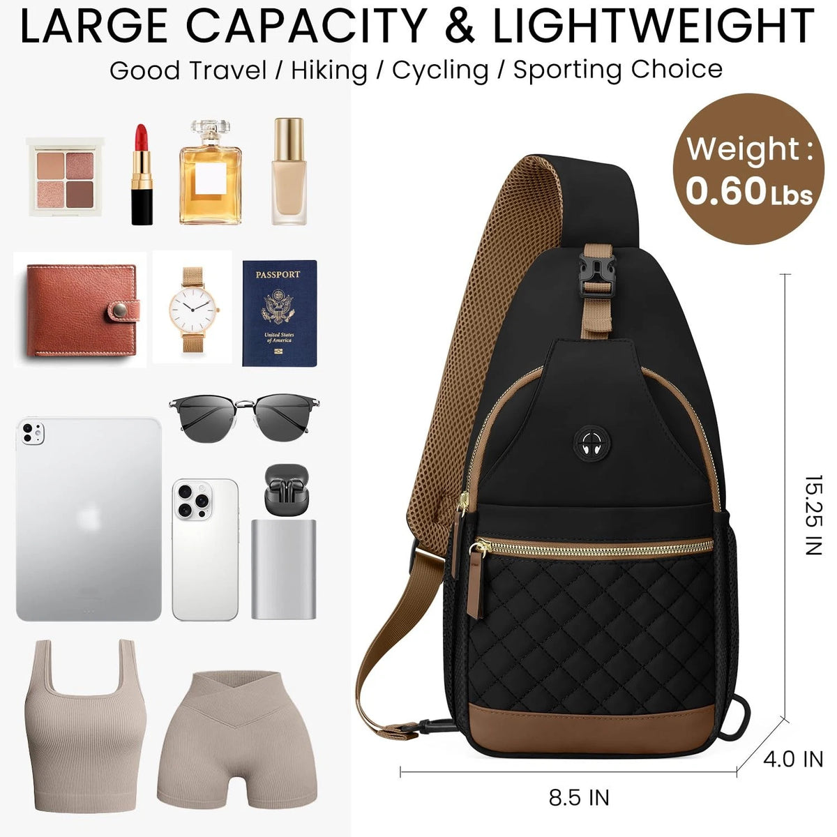 Crossbody Bag for Travel - Black Medium Chest Bag