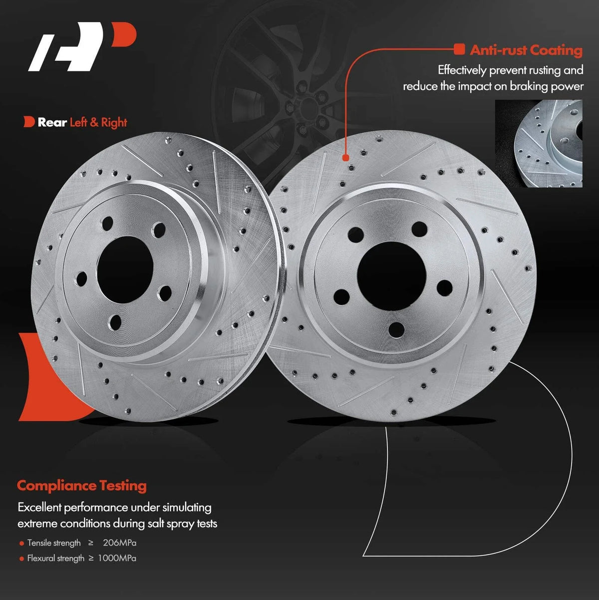 Set of 2 Rear Drilled Brake Rotors for Dodge Challenger (2009–2020)