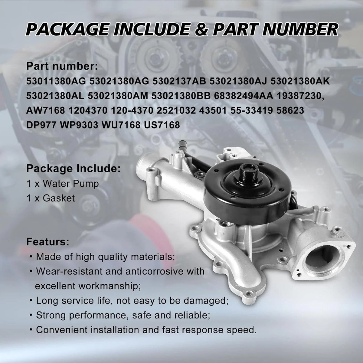 Upgrade AW7168 Water Pump w/Gasket for Dodge Ram 1500 2500 3500 (2003–2008)