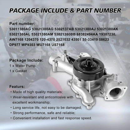 Upgrade AW7168 Water Pump w/Gasket for Dodge Ram 1500 2500 3500 (2003–2008)