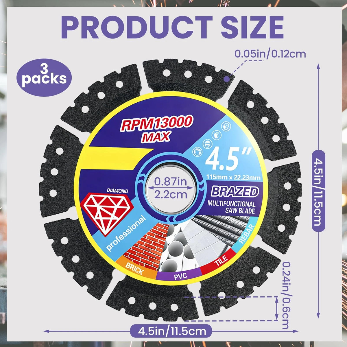 3 Pack 4.5" Diamond Multi-Purpose Saw Blade for Various Applications
