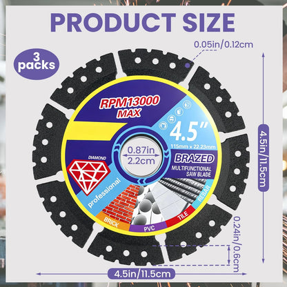 3 Pack 4.5" Diamond Multi-Purpose Saw Blade for Various Applications